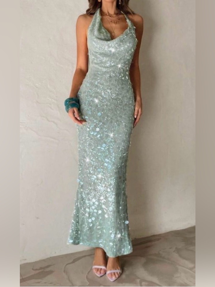 Sequin Cowl Neck Maxi Dress In Mint